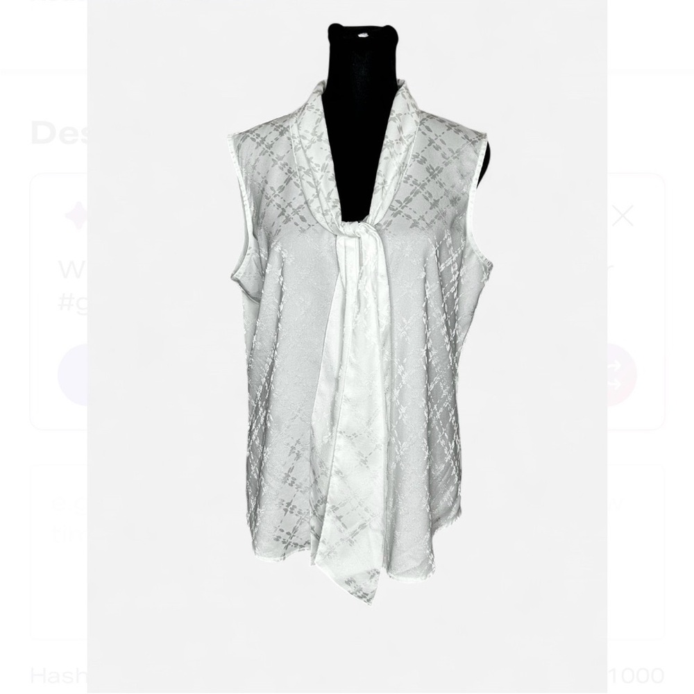 CALVIN KLEIN Textured White Sleeveless Blouse G, W/Tie Detail. Exelent Condit.